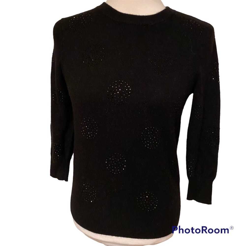 C BY BLOOMINGDALES CASHMERE SWEATER CREWNECK BLACK EMBELLISHED 3/4 SLEEVE SIZE M